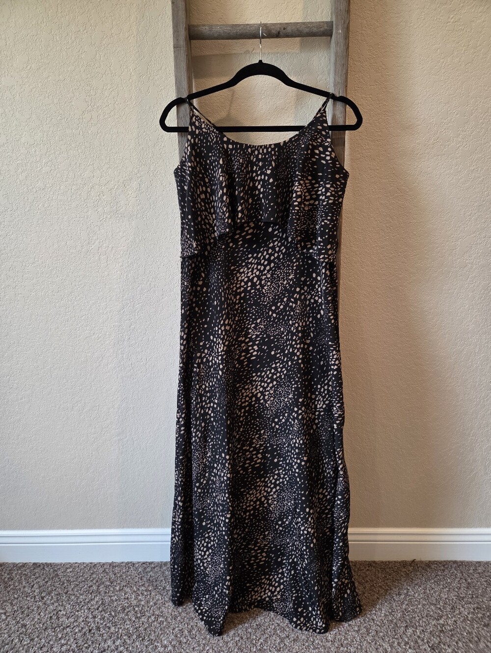 Ya Los Angeles Black Slip Maxi Dress with Beige Spot Print - Size Large